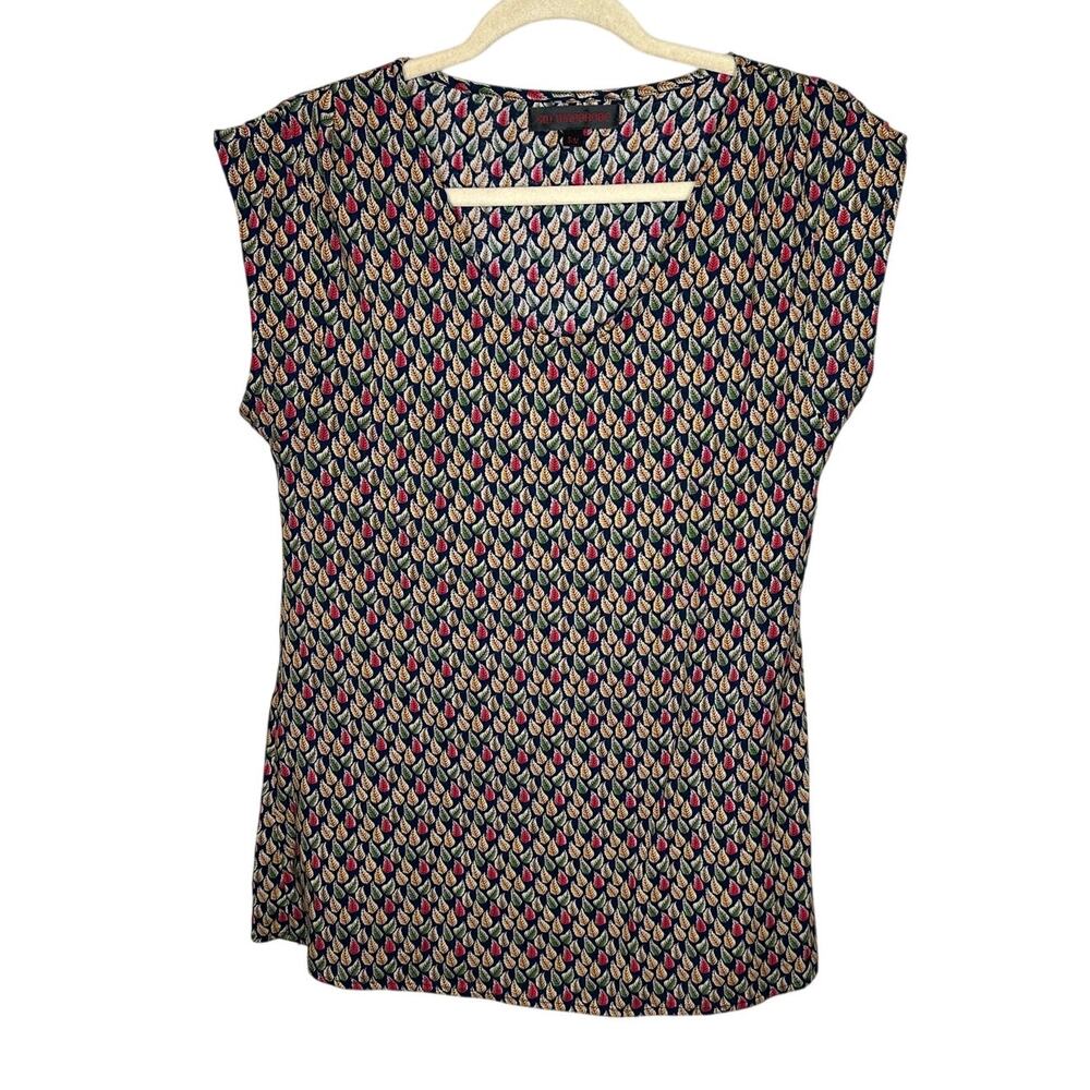 SM Wardrobe Blouse Red Gold Leaf Print Pleated Shoulder Scoop Neck S/M